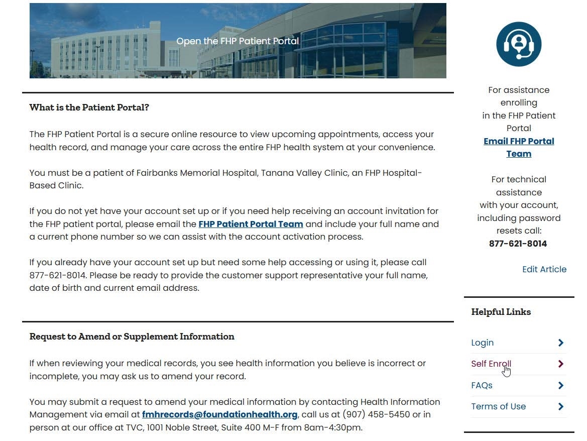 Image of website with Self Enroll highlighted