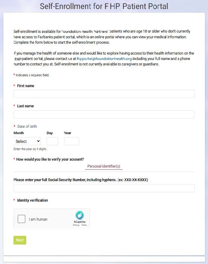 Example image of self-enrollment information needed to input