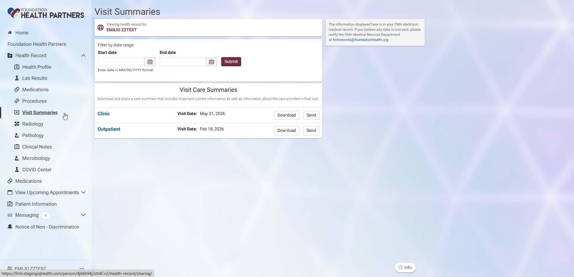 Image of visit summaries screen