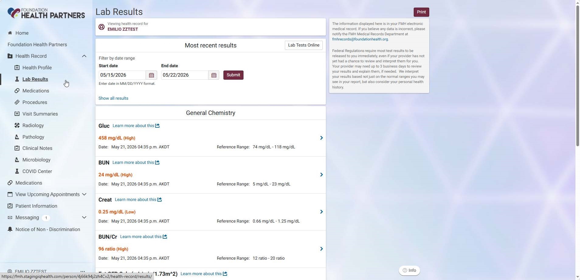 Image of lab results screen
